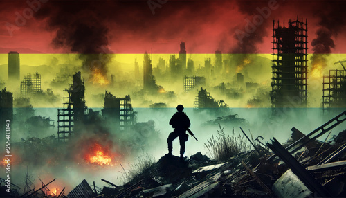 A lone soldier surveys a city in ruins, with the Bolivia flag faintly overlaying the scene, representing the courage and determination of forces in times of war.