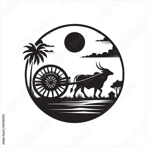 bullock cart wheel silhouette vector With White Background 