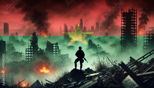 A lone soldier surveys a city in ruins, with the Burkina Faso flag faintly overlaying the scene, representing the courage and determination of forces in times of war.