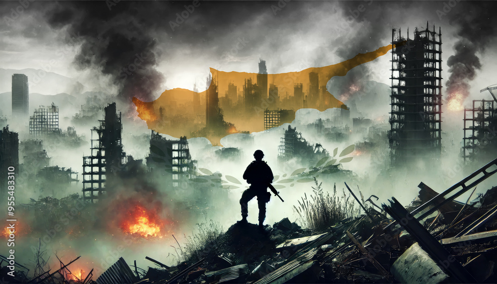 Obraz premium A lone soldier surveys a city in ruins, with the Cyprus flag faintly overlaying the scene, representing the courage and determination of forces in times of war.
