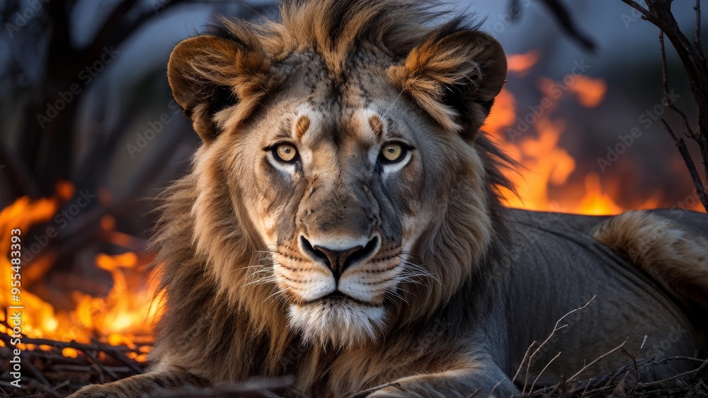 Photo of an African lion. Wildlife. The animal lies at the site of the fire, on a fire-scorched savannah, in black ashes. The hot season in Africa. Photo of an African lion. Wildlife. The animal lies at the site of the fire, on a fire-scorched savannah, in black ashes. The hot season in Africa.