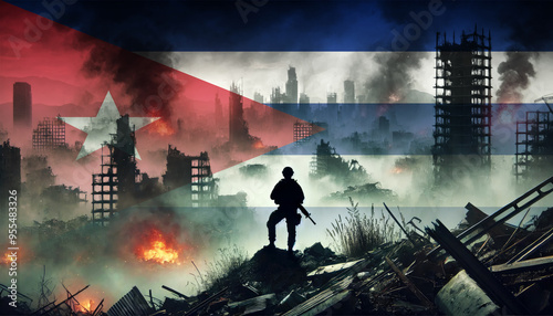 A lone soldier surveys a city in ruins, with the Cuba flag faintly overlaying the scene, representing the courage and determination of forces in times of war.