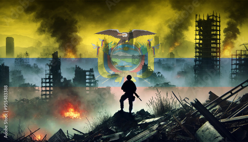 A lone soldier surveys a city in ruins, with the Ecuador flag faintly overlaying the scene, representing the courage and determination of forces in times of war.