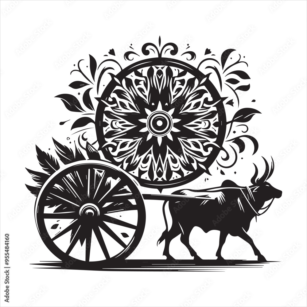Fototapeta premium bullock cart wheel silhouette vector With White Background 