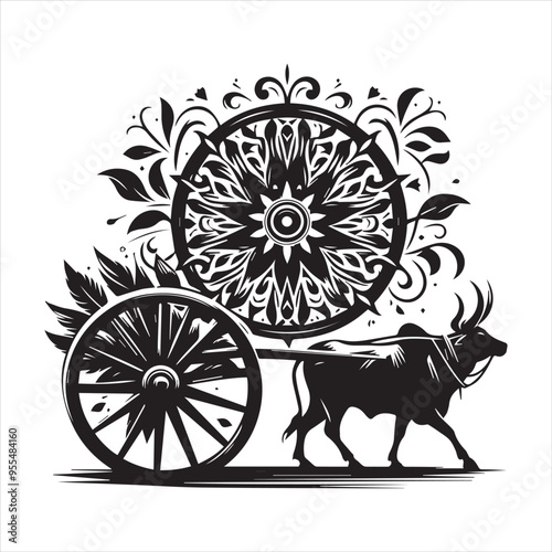bullock cart wheel silhouette vector With White Background 