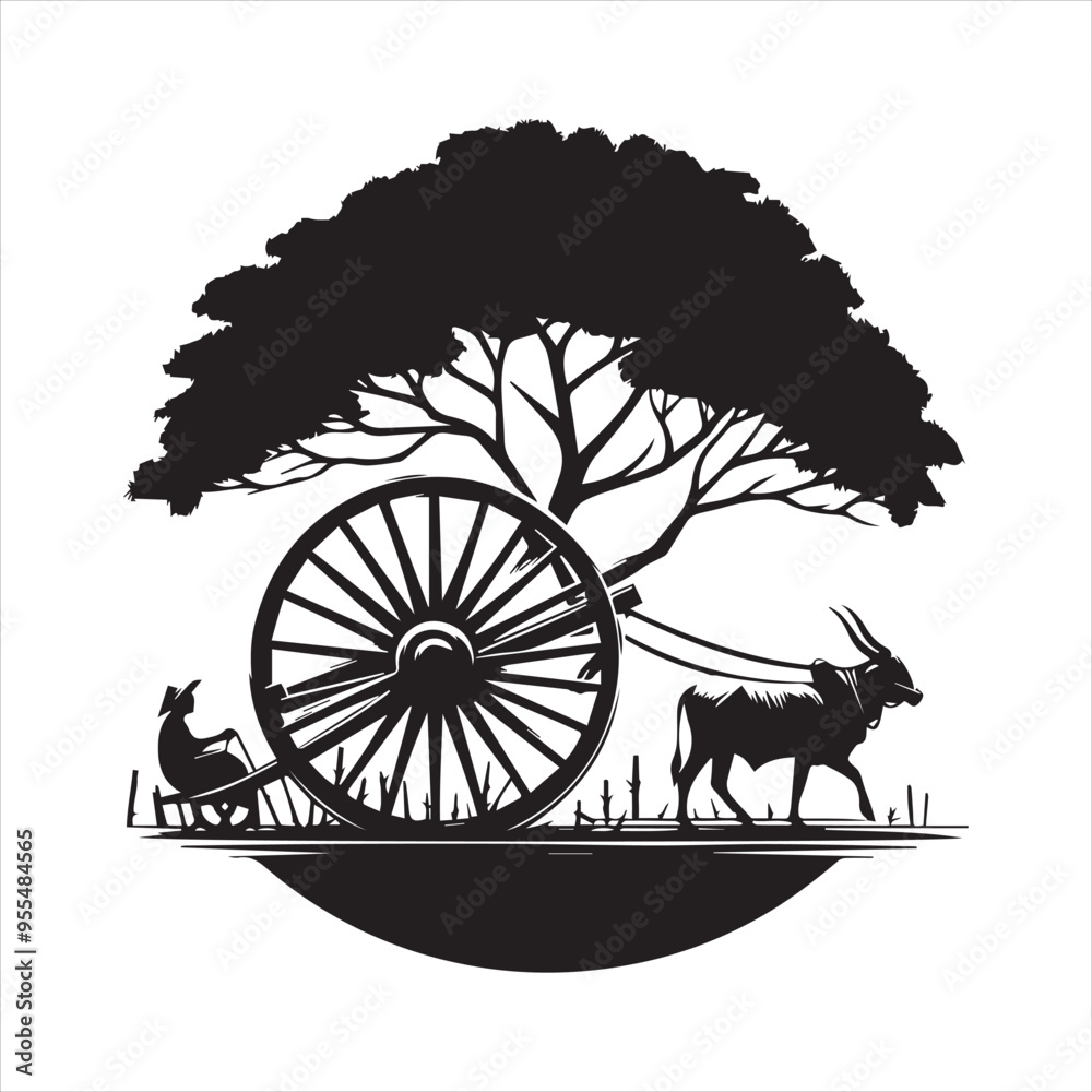 Fototapeta premium bullock cart wheel silhouette vector With White Background 