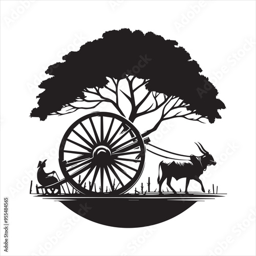 bullock cart wheel silhouette vector With White Background 