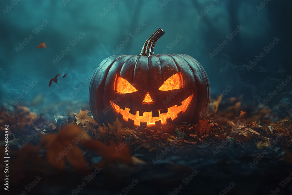 Naklejka premium A jack-o'-lantern with glowing eyes and an evil grin sits on fallen leaves in a misty forest, embodying Halloween and the spooky season 