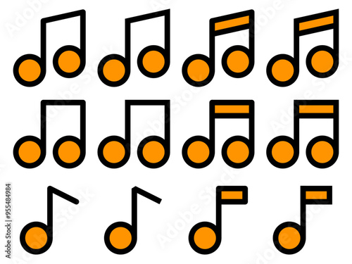 ポップな8分音符アイコンセット：黒主線オレンジ