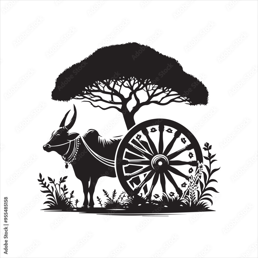 Fototapeta premium bullock cart wheel silhouette vector With White Background 