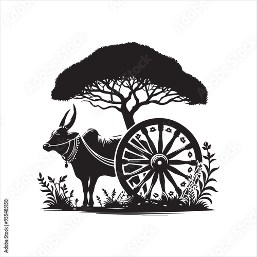 bullock cart wheel silhouette vector With White Background 