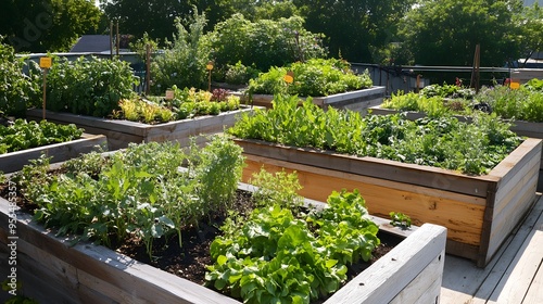 A rooftop garden with a variety of herbs and vegetables growing in raised beds