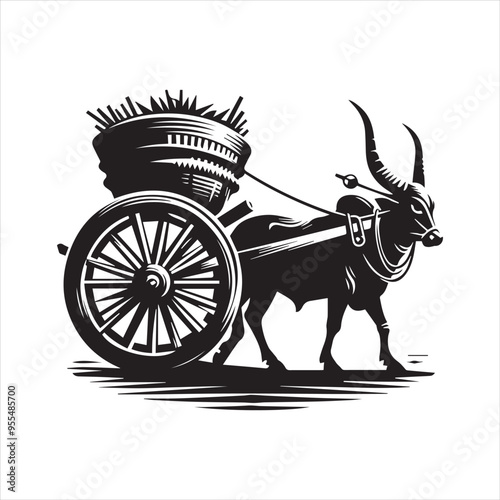 bullock cart wheel silhouette vector With White Background 