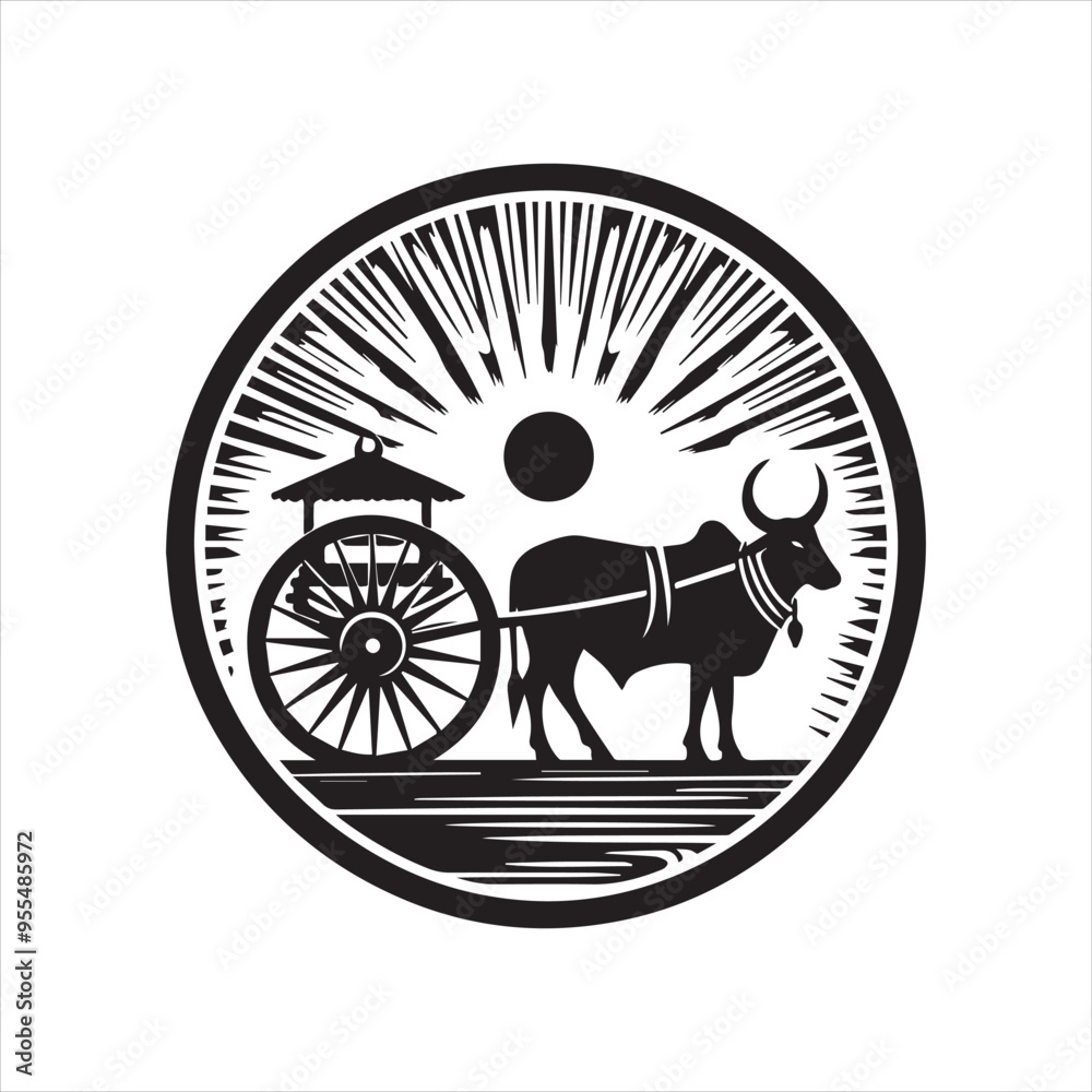 Fototapeta premium bullock cart wheel silhouette vector With White Background 