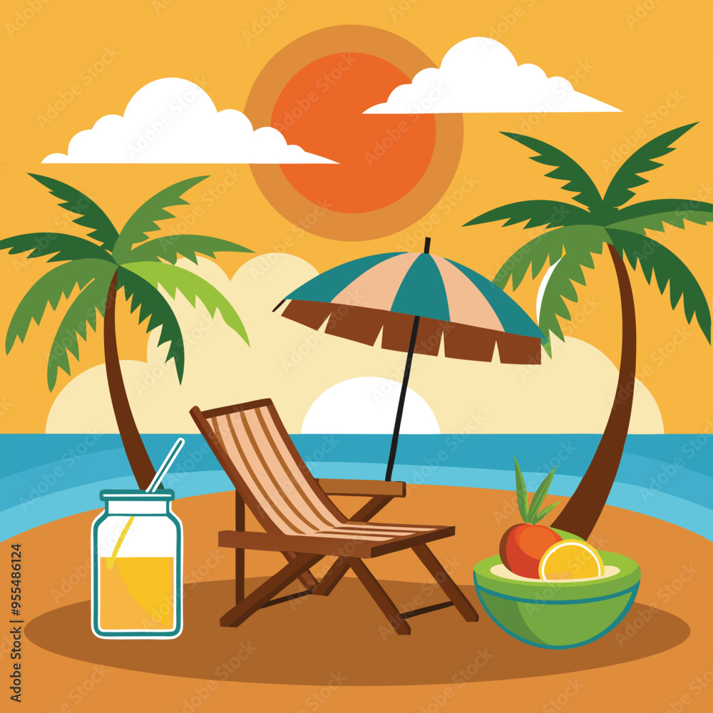 Obraz premium Sunset in sea beach tropical place scene color vector illustration