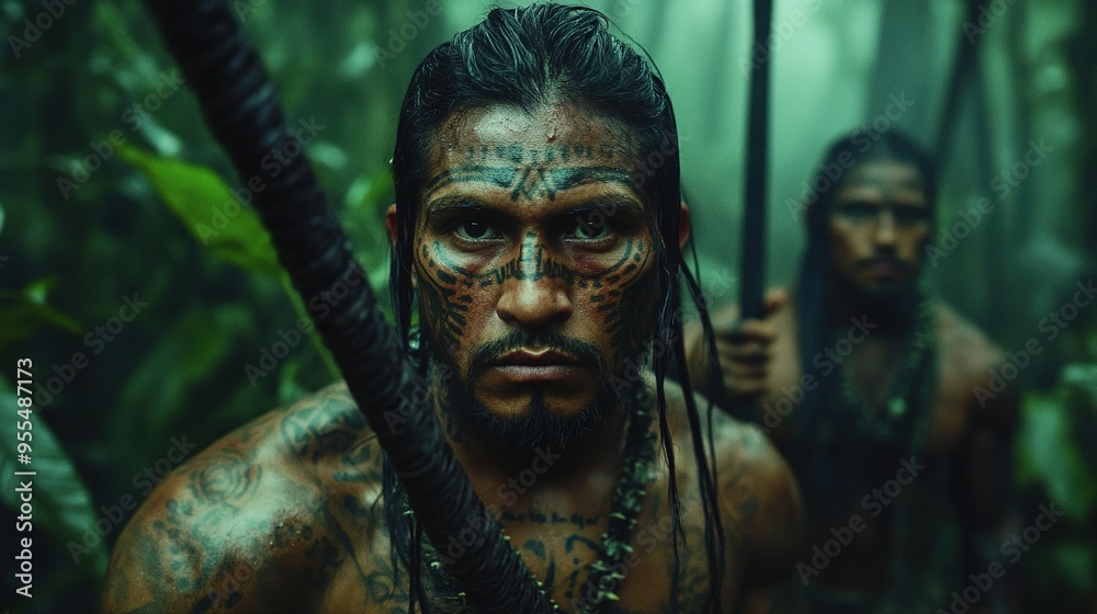 Tribal warrior with traditional tattoos in dense jungle, intense gaze, close-up Tribal warrior with traditional tattoos in dense jungle, intense gaze, close-up