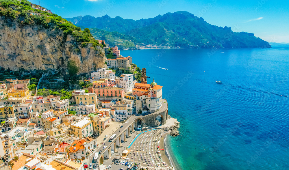Naklejka premium Atrani on Amalfi Coast, Italy. Aerial photo of famous city Atrani located on Amalfi Coast in Italy