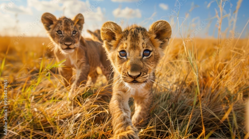 curious lion cubs in golden savanna grass ultrawide angle perspective emphasizing big eyes and whiskers hazy heat waves in background curious lion cubs in golden savanna grass ultrawide angle perspective emphasizing big eyes and whiskers hazy heat waves in background