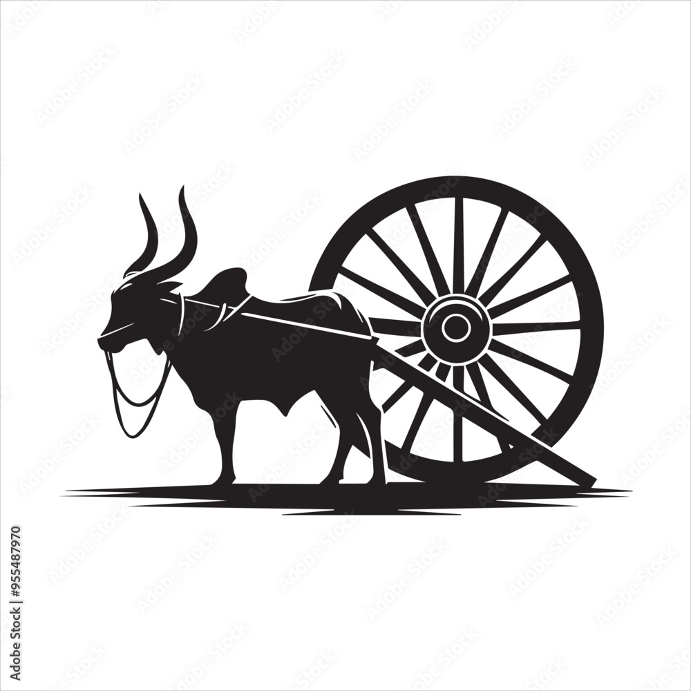 Fototapeta premium bullock cart wheel silhouette vector With White Background