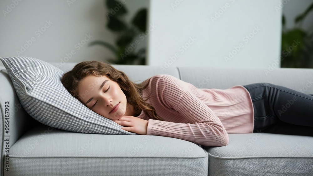 A woman is lying on a couch with her eyes closed A woman is lying on a couch with her eyes closed