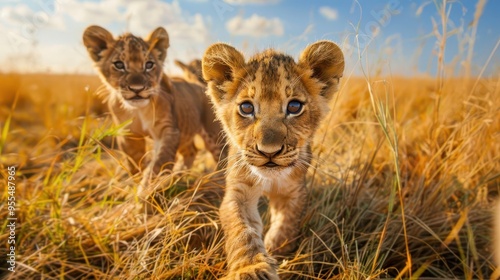 curious lion cubs in golden savanna grass ultrawide angle perspective emphasizing big eyes and whiskers hazy heat waves in background