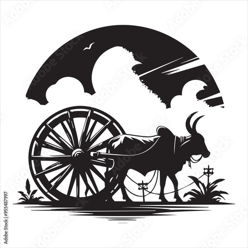 bullock cart wheel silhouette vector With White Background 