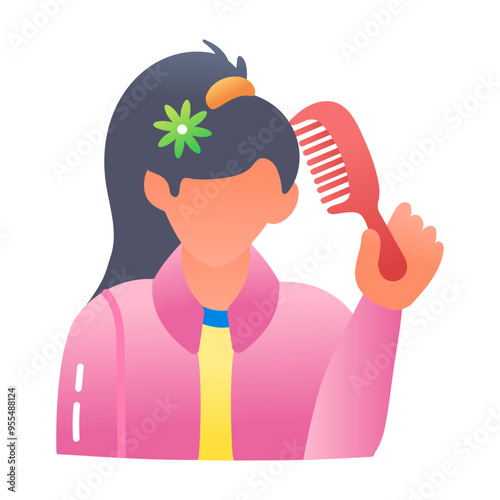 Girl combing hair flat style icon 
