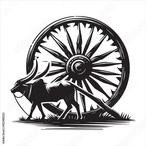 bullock cart wheel silhouette vector With White Background 
