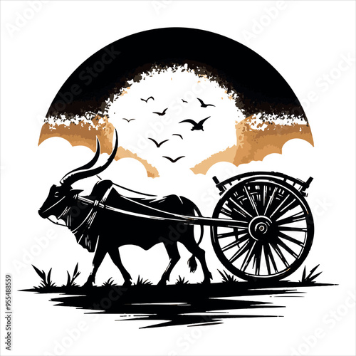 bullock cart wheel silhouette vector With White Background 