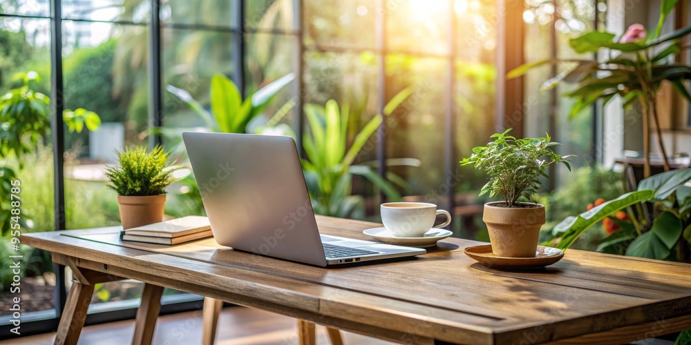 Fototapeta premium Laptop on Wooden Desk with Plants and Cup of Coffee, Sunlight Through Window, Laptop, Coffee, Plant, Window