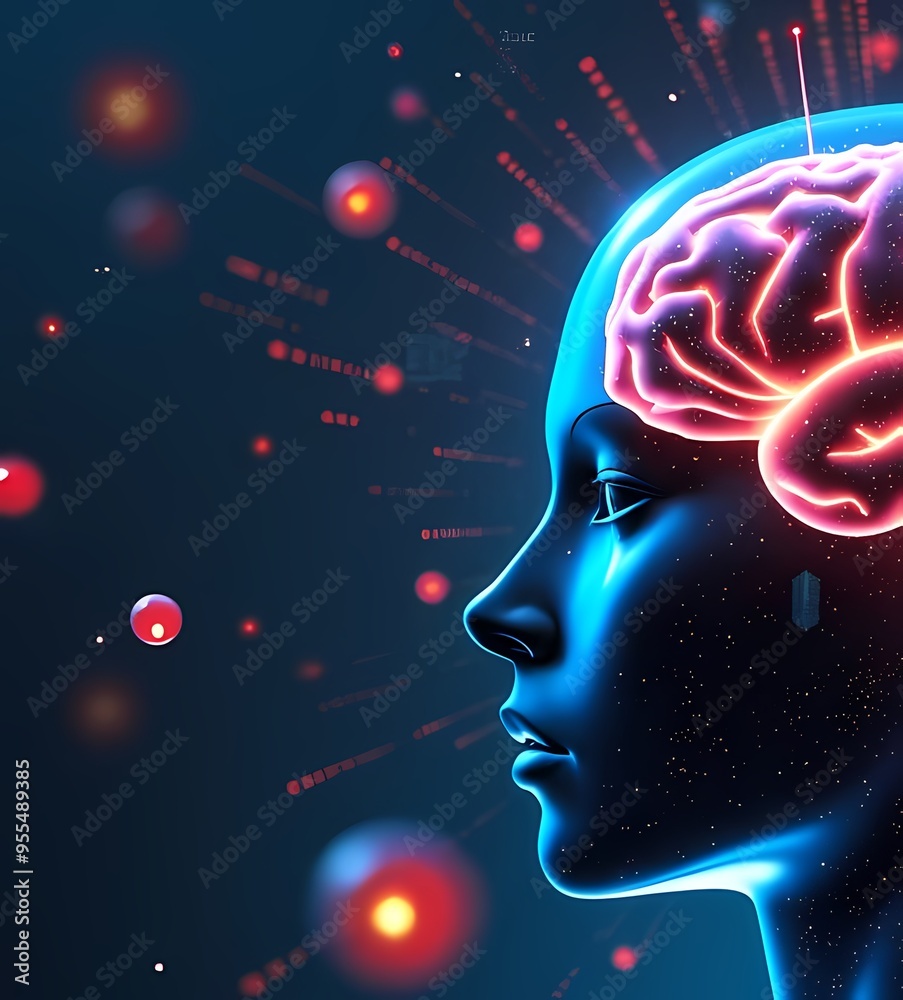 Obraz premium Glowing Circuits in Human Brain Surrounded by Holographic Digital Symbols