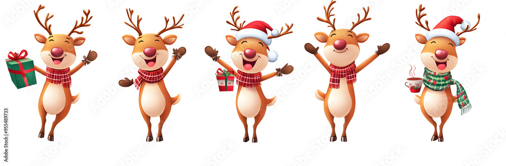 Fototapeta premium Christmas reindeer characters vector set design. Reindeer christmas cute character in jumping, standing, holding gift box, coffee and wearing hat and scarf collection isolated in white background.