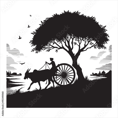 bullock cart wheel silhouette vector With White Background 