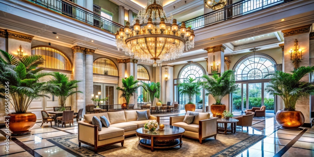 Luxurious Hotel Lobby with Crystal Chandelier and Elegant Furnishings, Wide Angle, Interior Design, Grandiose, Luxury, Hotel Lobby, Hospitality