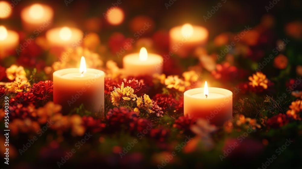 A serene arrangement of glowing candles amidst colorful flowers, creating a warm and inviting atmosphere for relaxation. A serene arrangement of glowing candles amidst colorful flowers, creating a warm and inviting atmosphere for relaxation.