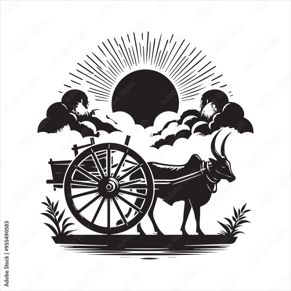 Fototapeta premium bullock cart wheel silhouette vector With White Background 