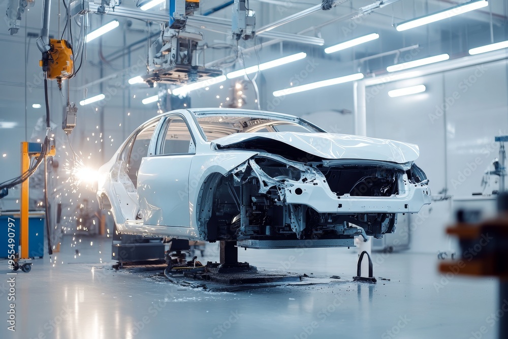 Modern car repair service expert welding on vehicle body post accident in bright workshop setting Modern car repair service expert welding on vehicle body post accident in bright workshop setting