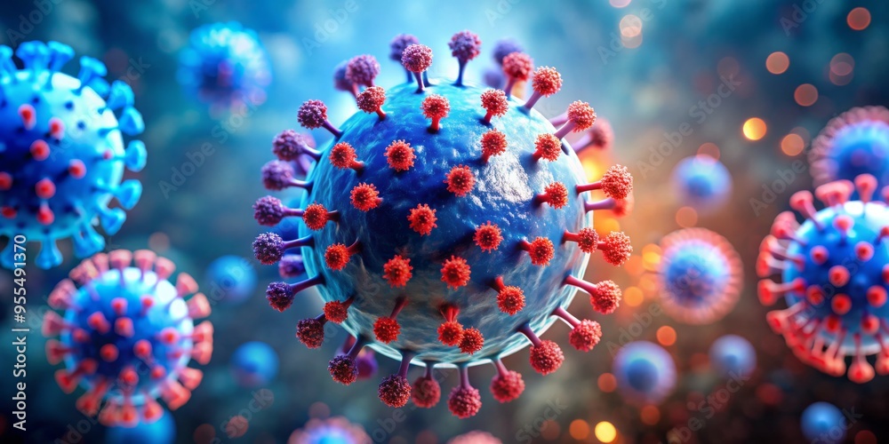 Microscopic View of a Coronavirus, 3D Illustration, Blue and Red Spheres, Viral Structure , COVID-19 , Pandemic , Disease Microscopic View of a Coronavirus, 3D Illustration, Blue and Red Spheres, Viral Structure , COVID-19 , Pandemic , Disease