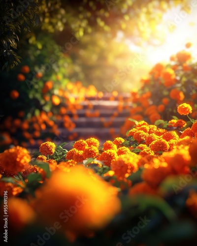 A serene pathway adorned with vibrant orange flowers bathed in warm sunlight, inviting a peaceful escape into nature's beauty. photo