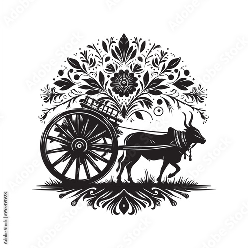 bullock cart wheel silhouette vector With White Background 