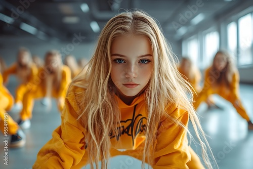 Energetic Teenage Girl Rehearsing Breakdance with Dance Group in Studio photo