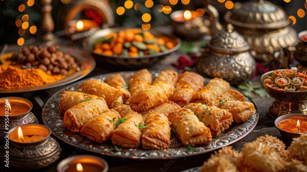Samosas diwali holiday traditional Indian food, closeup Samosas diwali holiday traditional Indian food, closeup