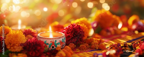 A vibrant scene featuring colorful marigold flowers and glowing candles, perfect for celebrating festivals and warm occasions. photo