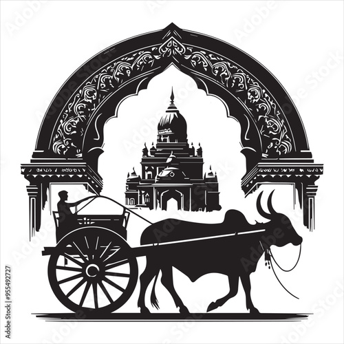bullock cart wheel silhouette vector With White Background 