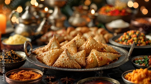 Samosas diwali holiday traditional Indian food, closeup