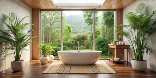 Modern Bathroom with Bathtub and Forest View, bathroom , bathtub , forest , design , interior