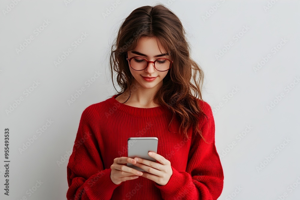 Woman Typing on Mobile Phone with Blank Screen Happily on White Background Woman Typing on Mobile Phone with Blank Screen Happily on White Background