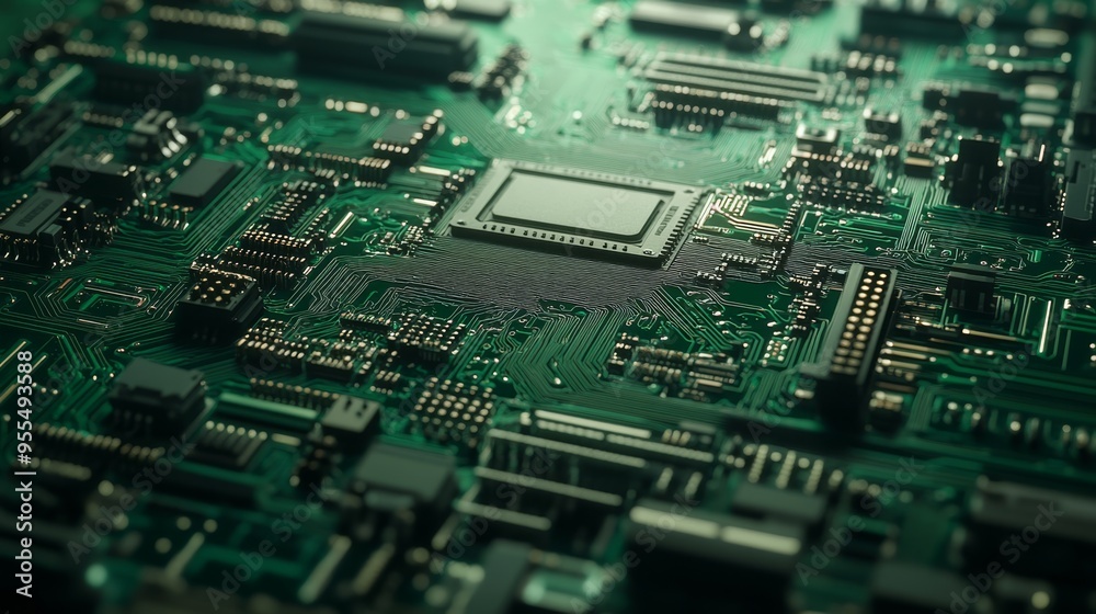 Close-up of a computer circuit board demonstrating green computing principles and sustainability Close-up of a computer circuit board demonstrating green computing principles and sustainability