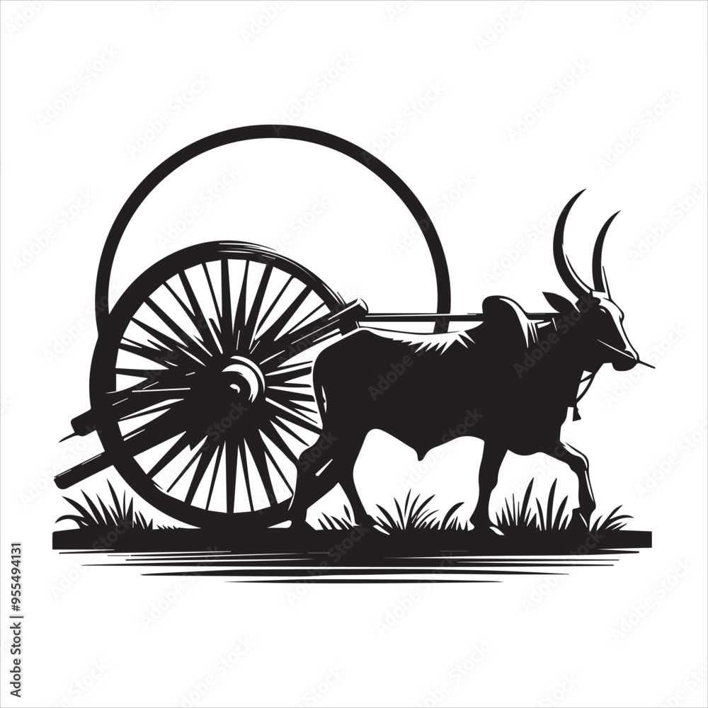 Fototapeta premium bullock cart wheel silhouette vector With White Background 