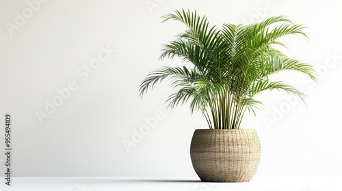 Green Palm Plant in a Woven Basket Against a White Wall